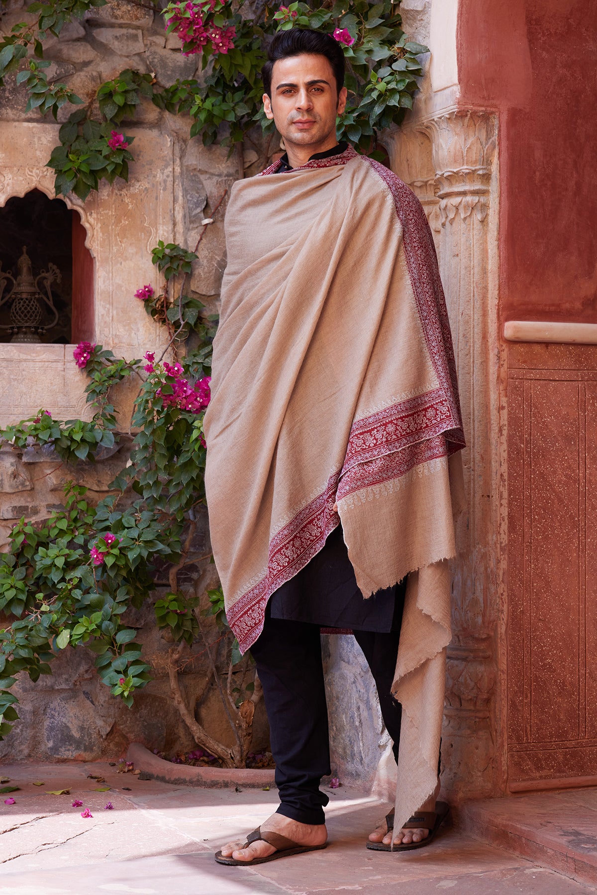 Natural & Maroon Sozni Embroidered Palladar Pashmia Dushala