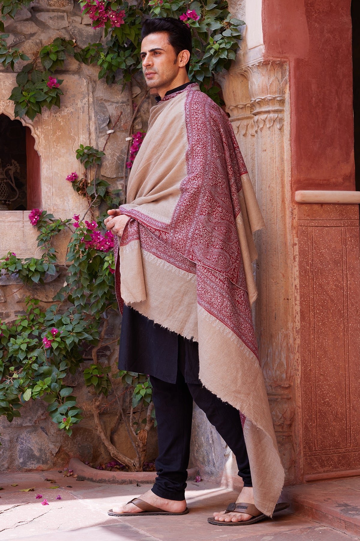 Natural & Maroon Sozni Embroidered Palladar Pashmia Dushala