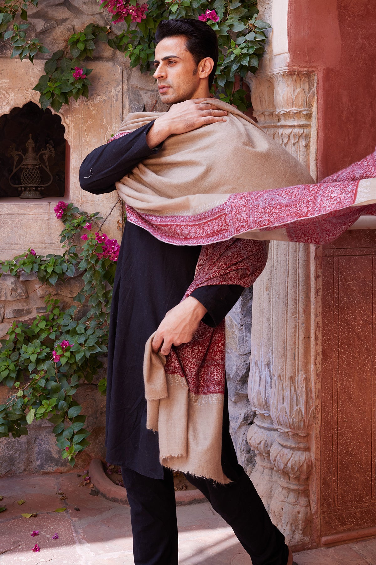 Natural & Maroon Sozni Embroidered Palladar Pashmia Dushala