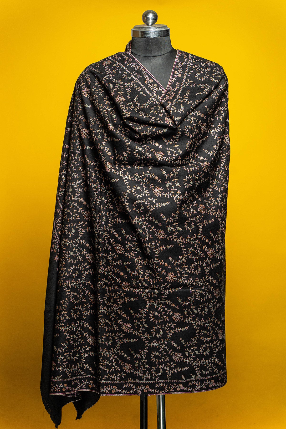Black Sozni Embroidered Neem Jamawar Pashmina Shawl