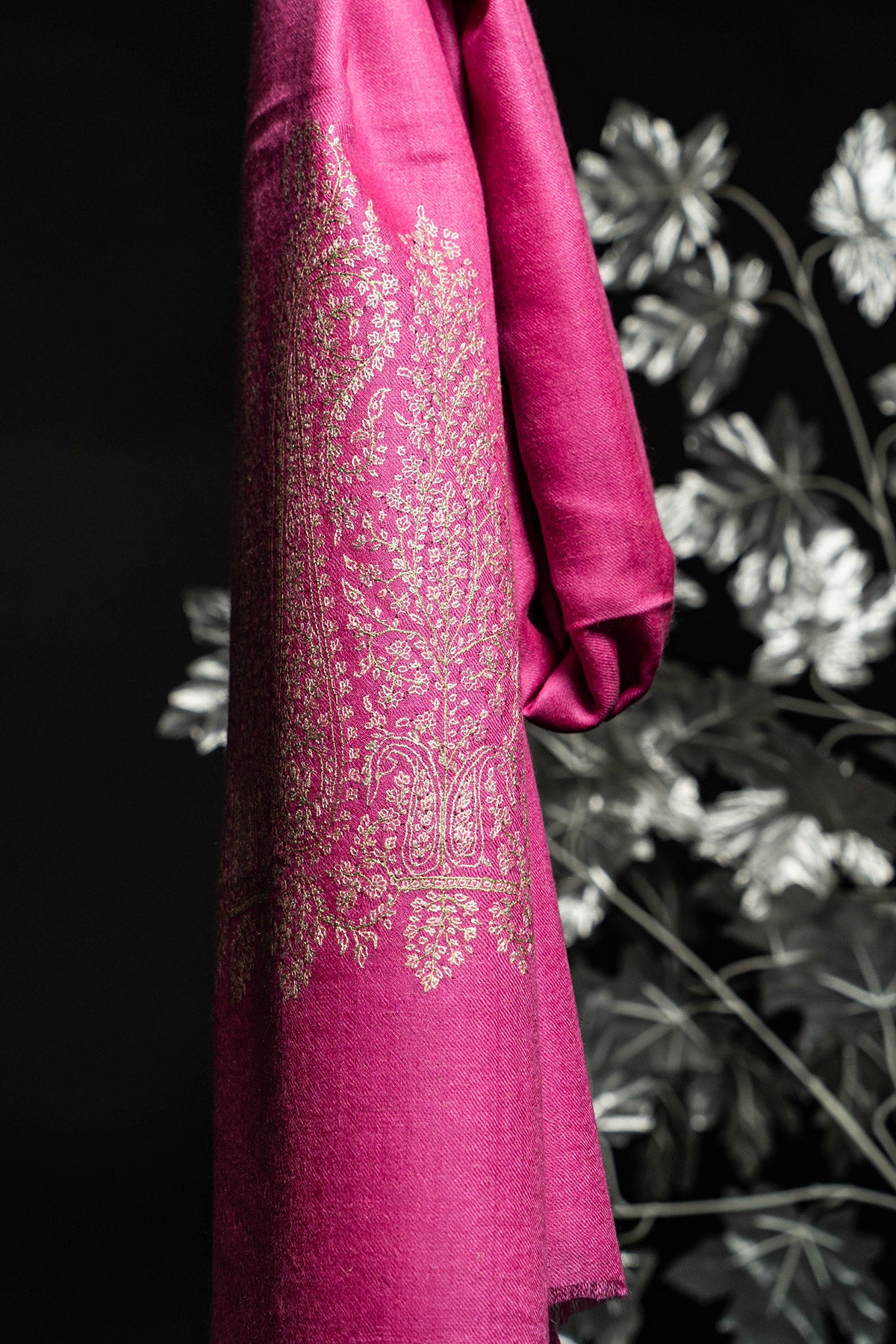 Hot Pink Sozni Embroidered Palladar Pashmina Shawl