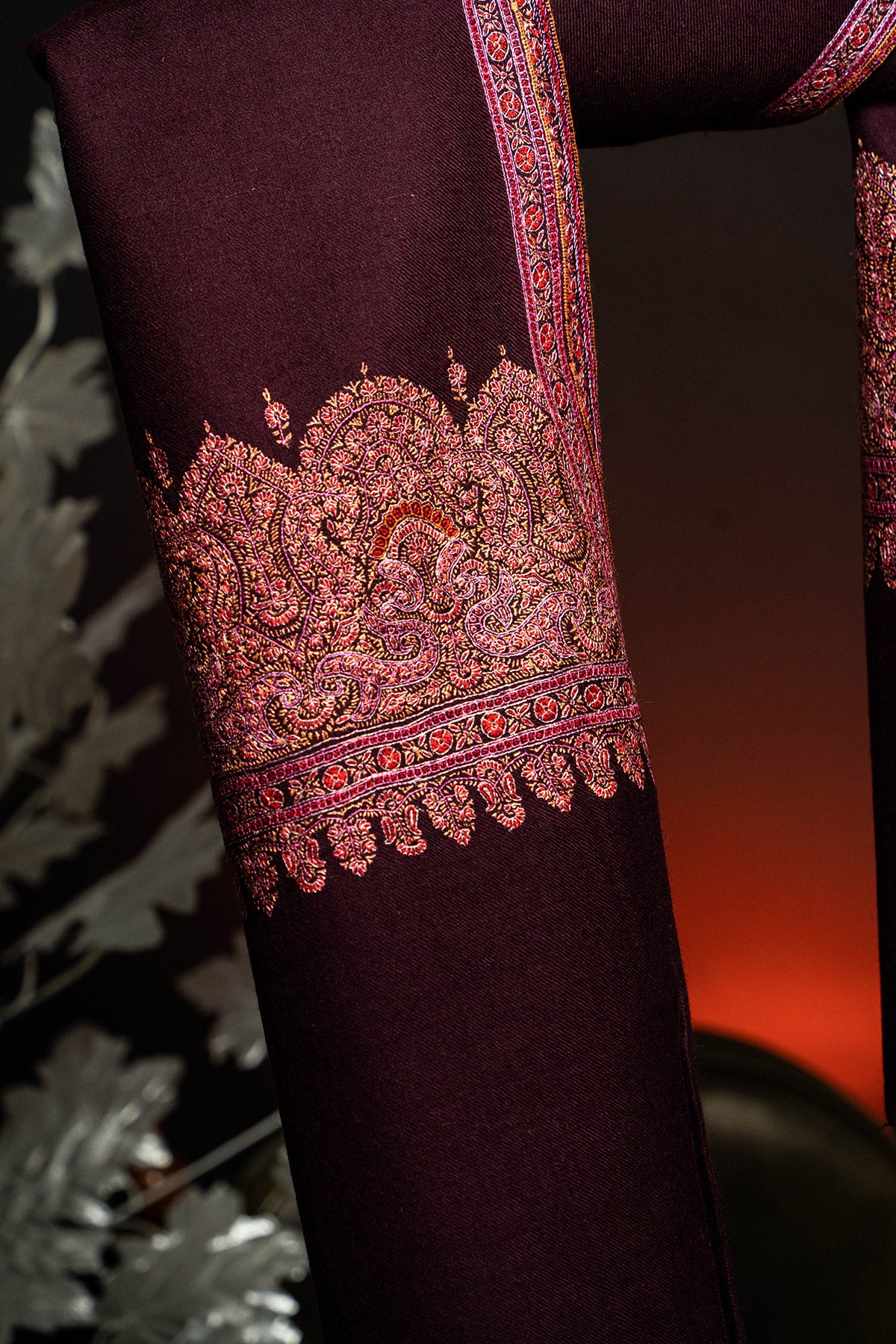 Maroon Sozni Embroidered Palladar Pashmina Shawl