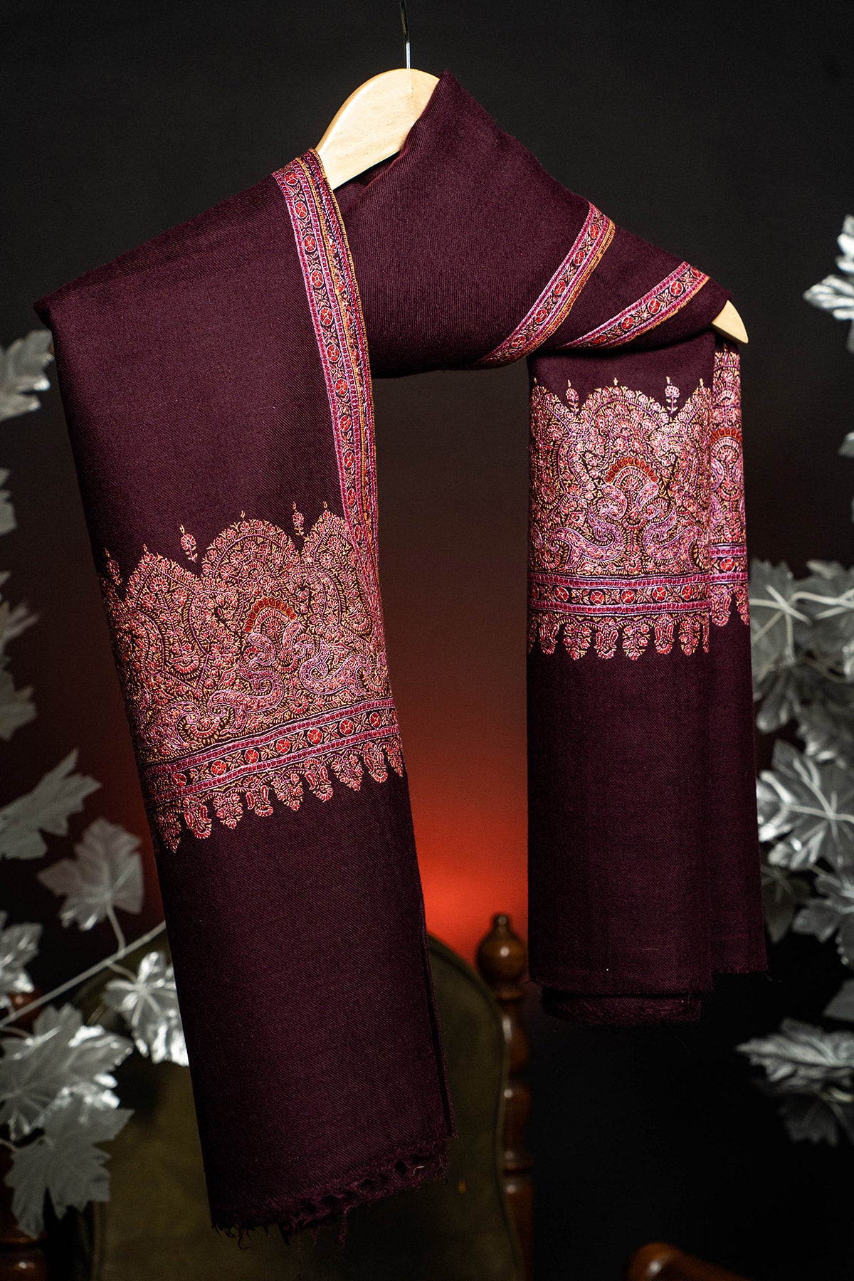 Maroon Sozni Embroidered Palladar Pashmina Shawl