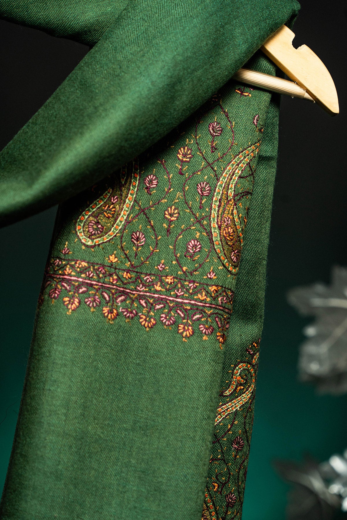 Ombre Green Sozni Embroidered Palladar Pashmina Shawl