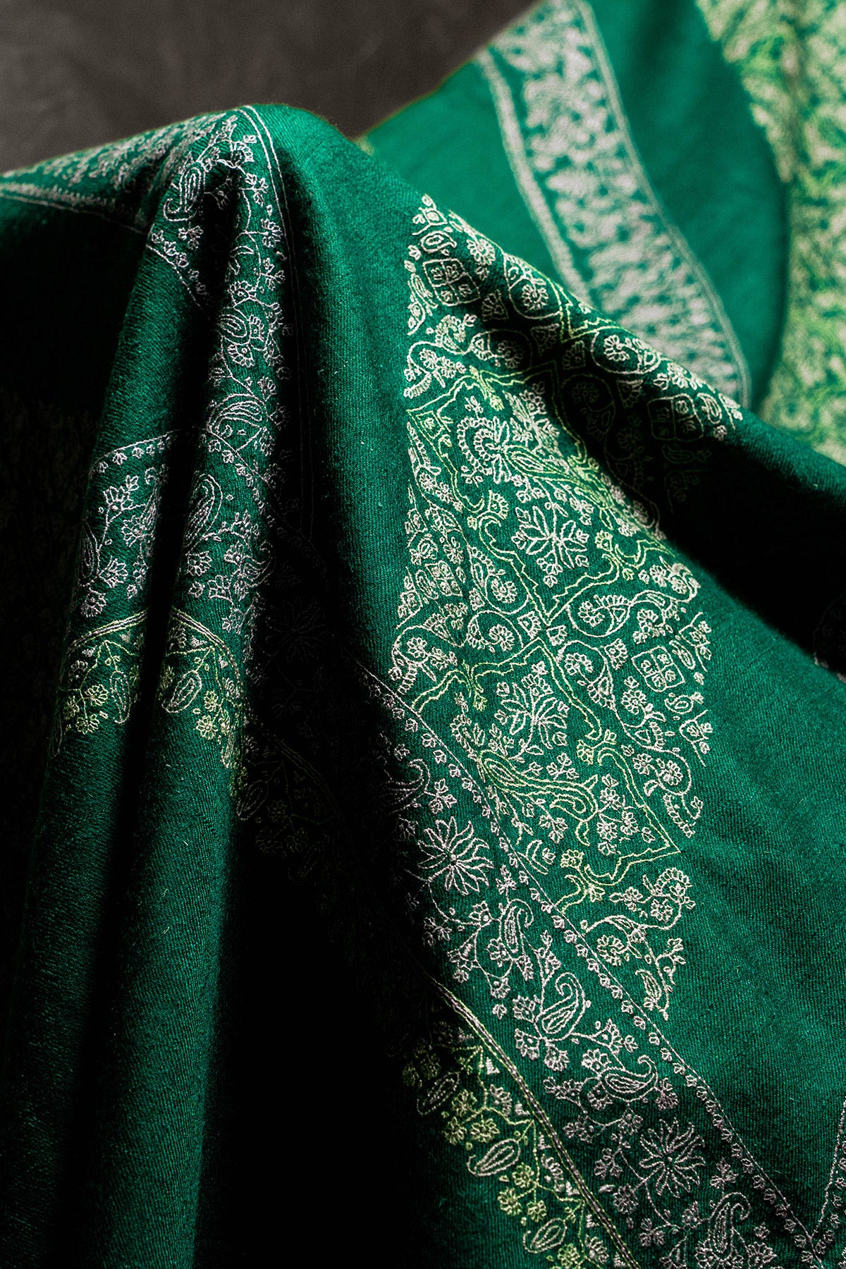Teak Green Stripes Sozni Embroidered Pashmina Shawl