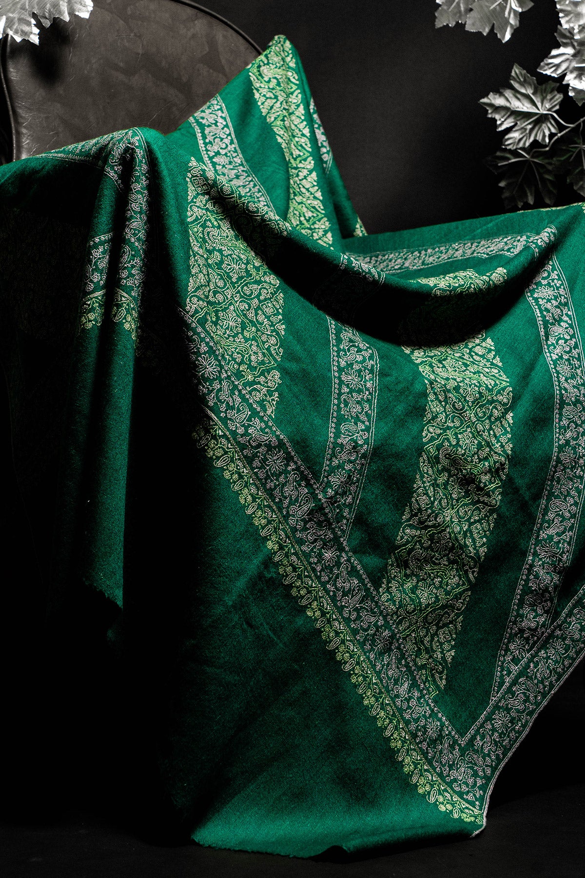 Teak Green Stripes Sozni Embroidered Pashmina Shawl