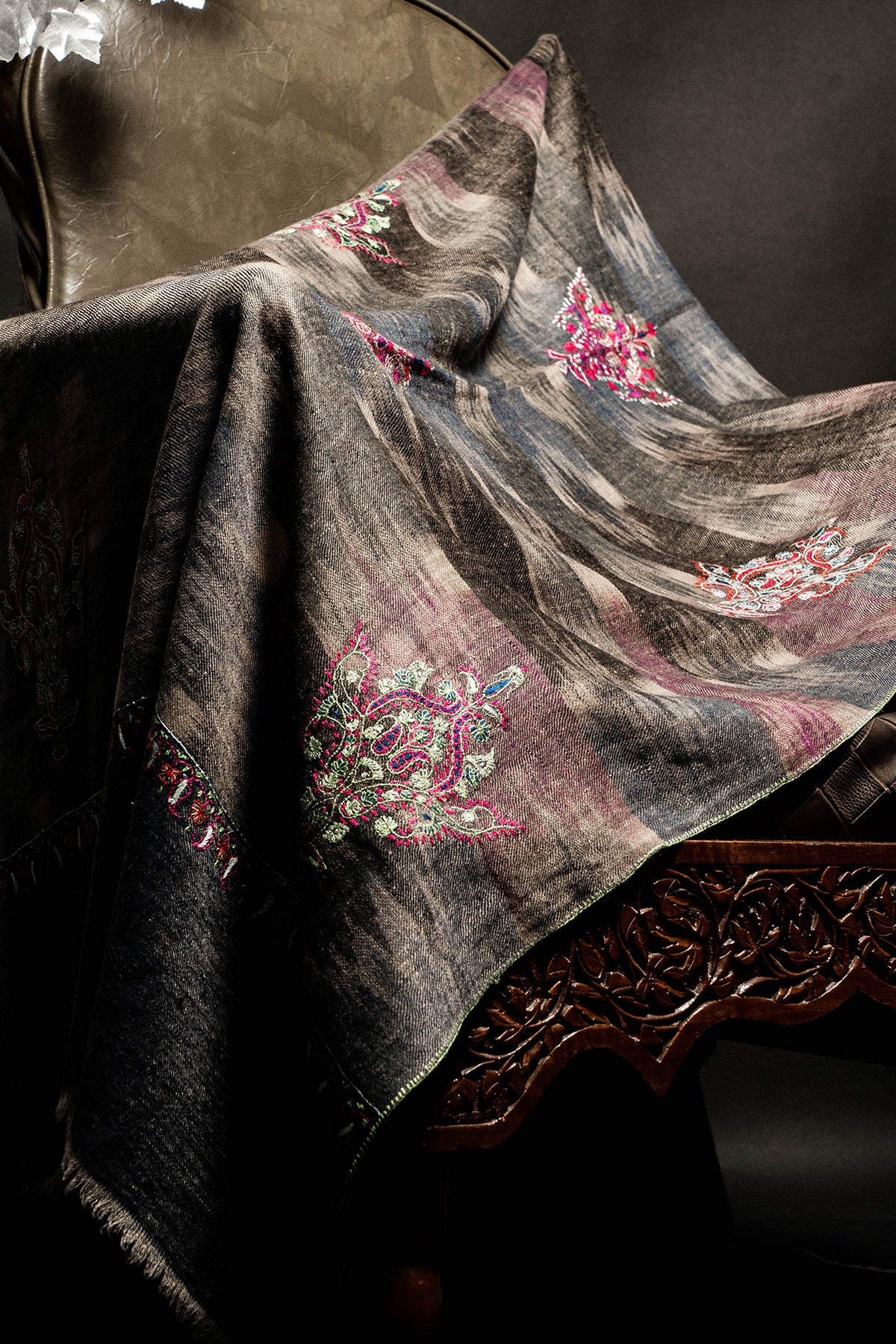 Ekat Black & Grey Embroidered Motifs Pashmina Stole