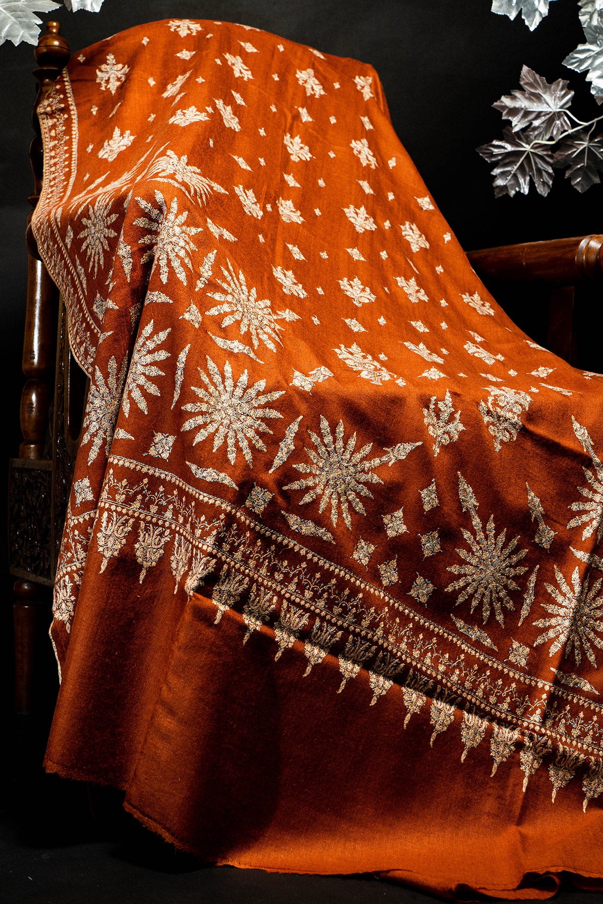 Rust Palladar Botidar Sozni Embroidered Pashmina Shawl