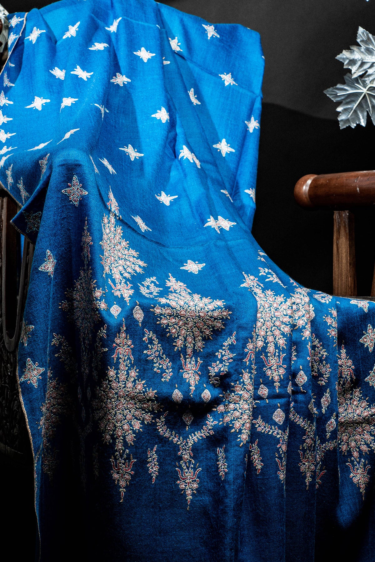 Bright Blue Sozni Embroidered Palladar Botidar Pashmina Shawl