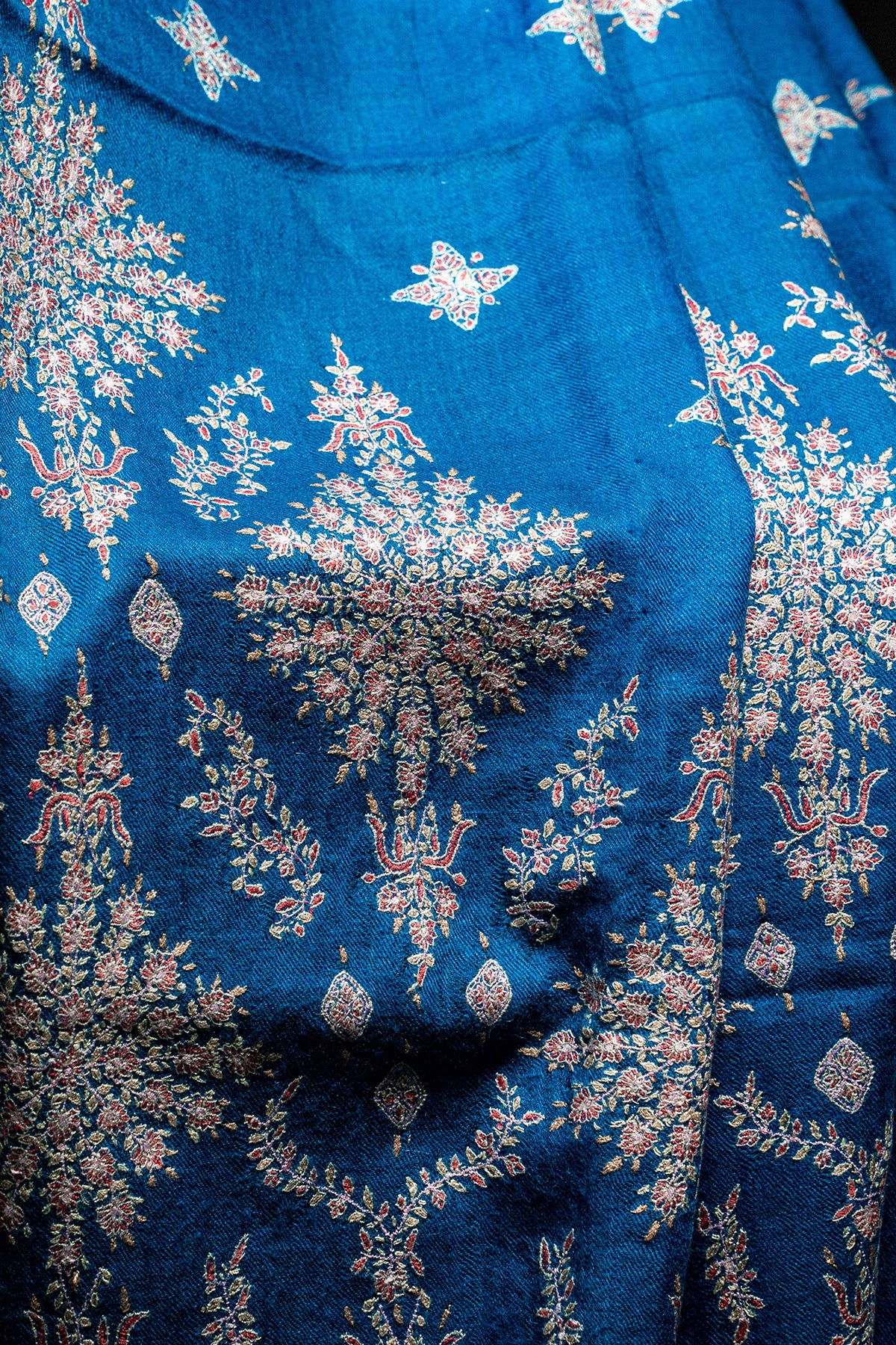 Bright Blue Sozni Embroidered Palladar Botidar Pashmina Shawl