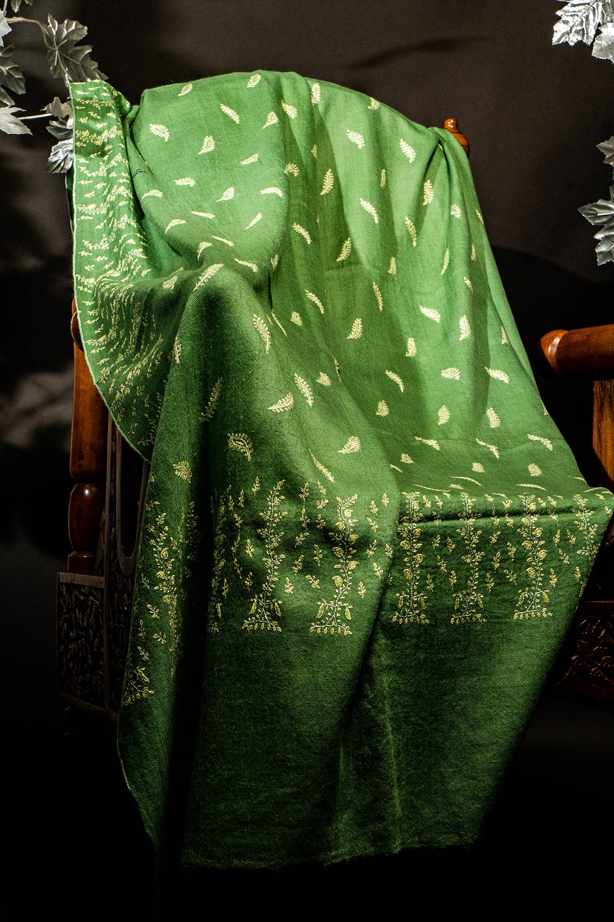 Light Green Sozni Embroidered Botidar Pashmina Shawl
