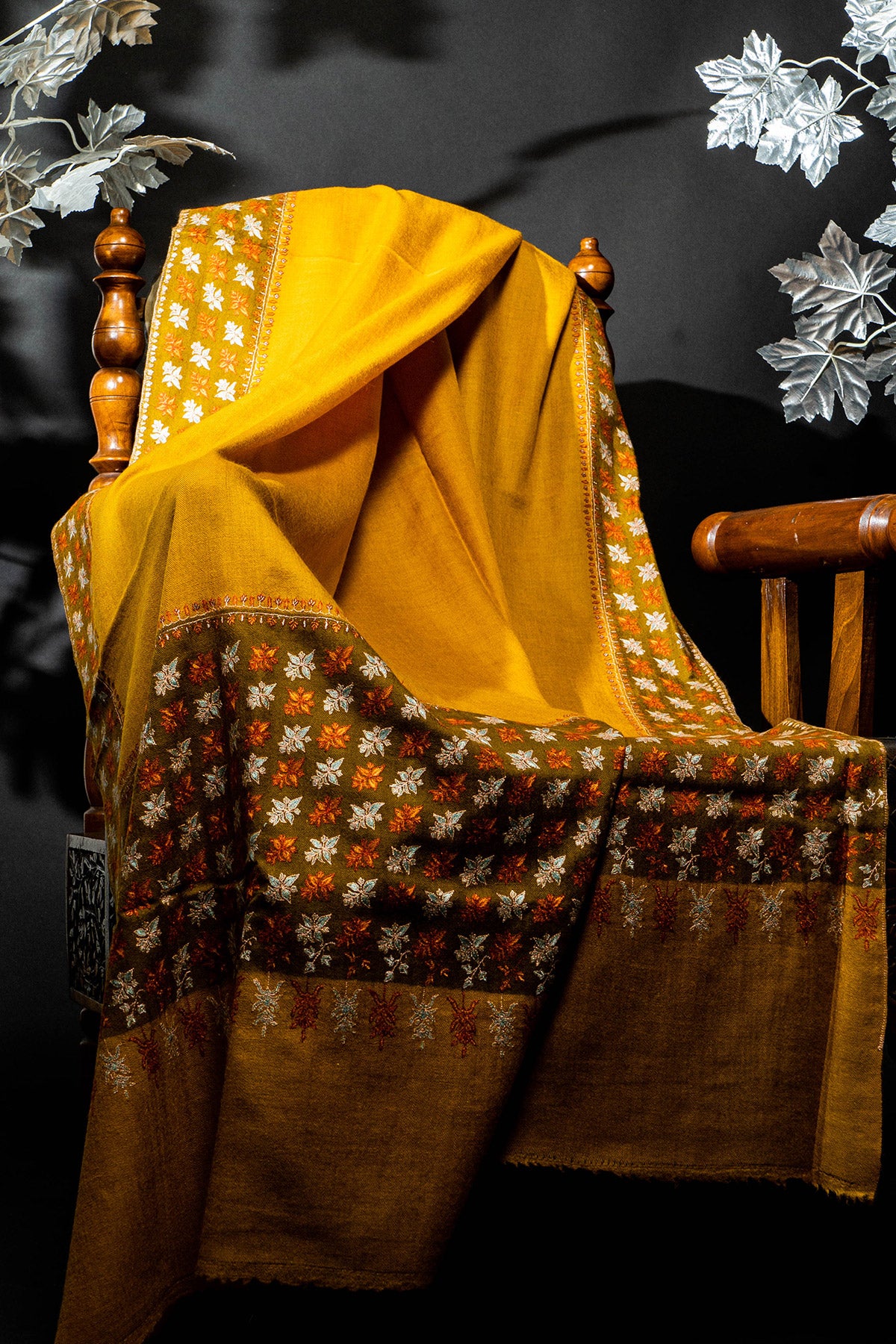 Mustard Print Palladar Sozni Embroidered Pashmina Shawl