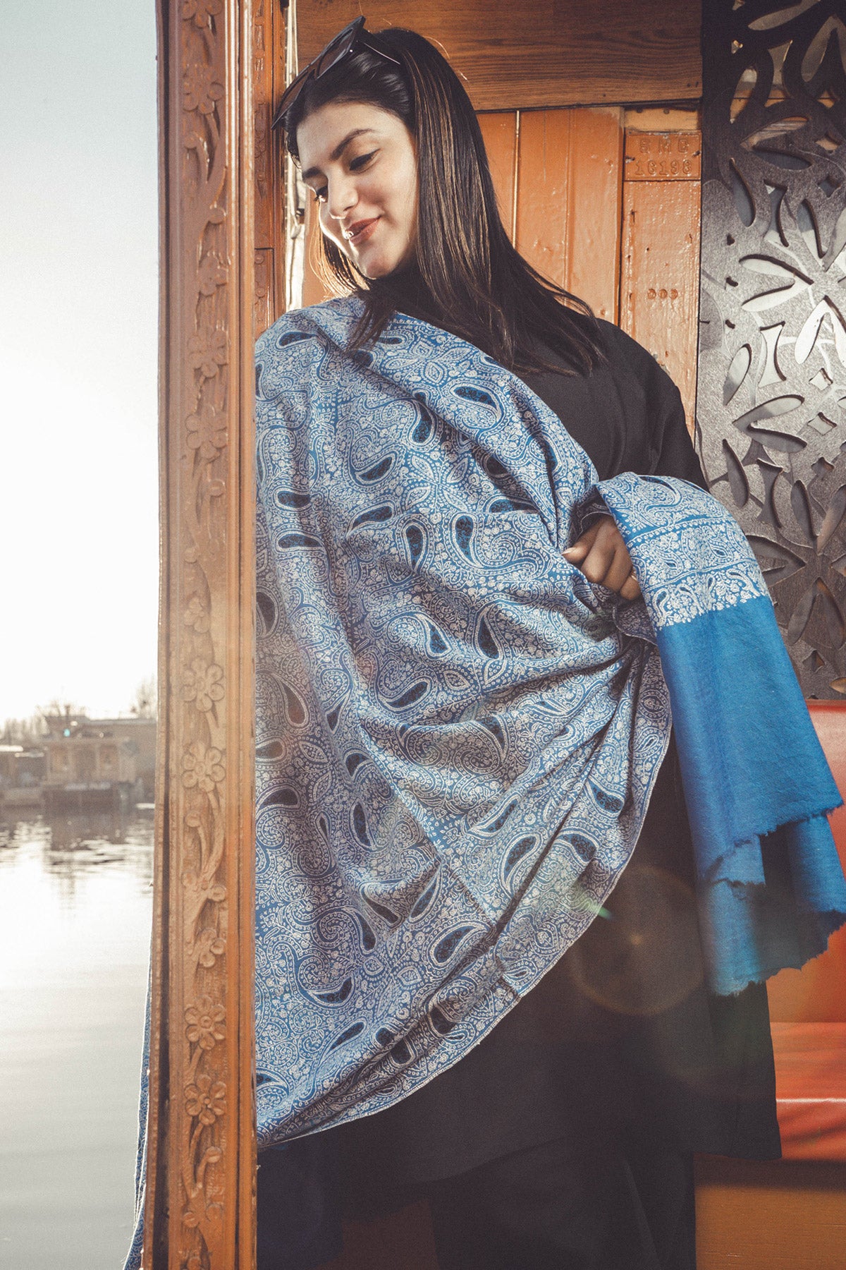 Blue Sozni Embroidered Jamawar Pashmina Shawl