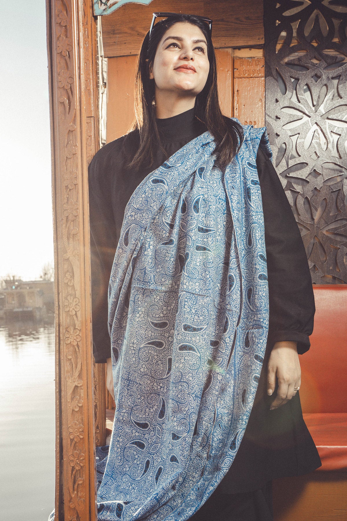 Blue Sozni Embroidered Jamawar Pashmina Shawl