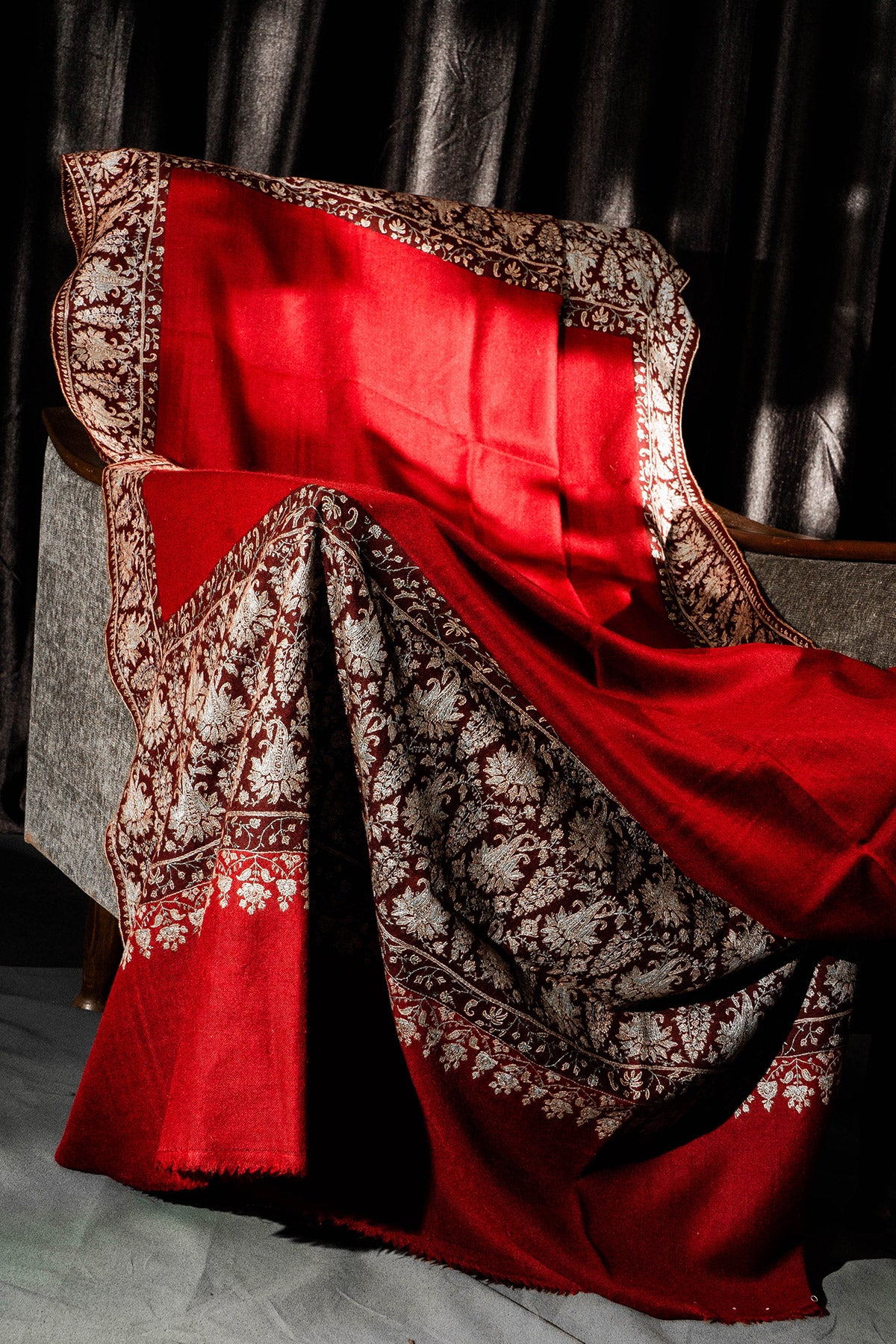 Maroon Sozni Embroidered Palladar Pashmina Shawl