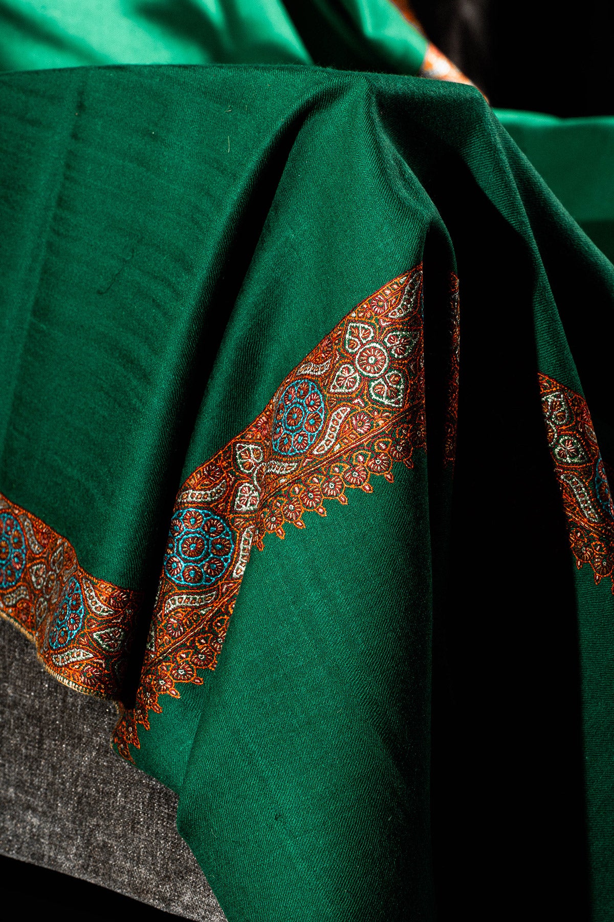 Teak Green Sozni Embroidered Palladar Pashmina Shawl