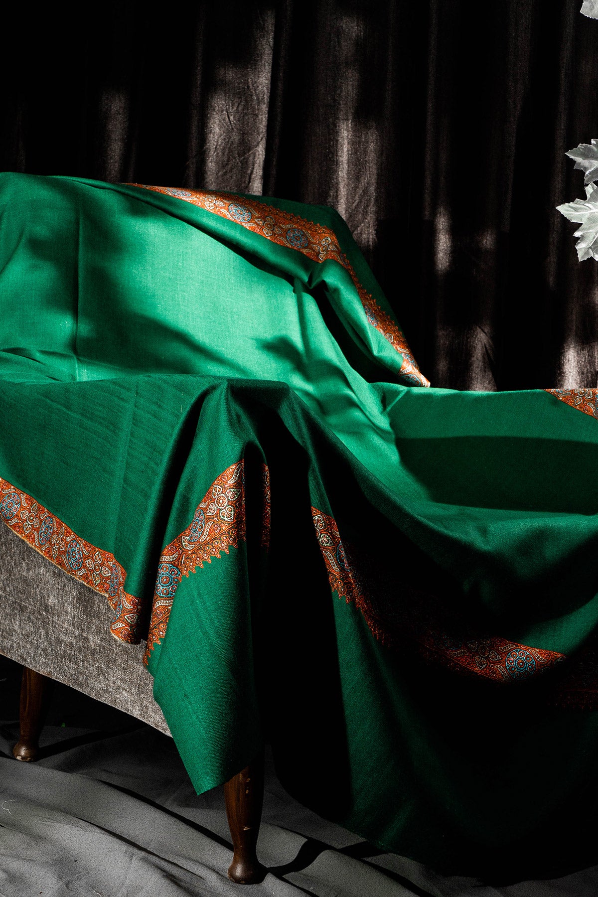 Teak Green Sozni Embroidered Palladar Pashmina Shawl