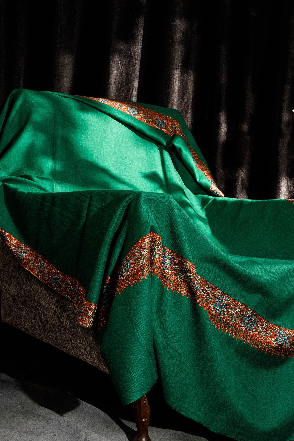 Teak Green Sozni Embroidered Palladar Pashmina Shawl